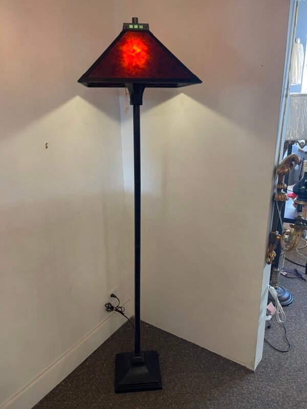 Blackened Metal Floor Lamp with Red Mica Shade