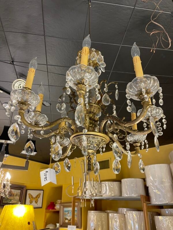 French Brass & Crystal Arm Chandelier