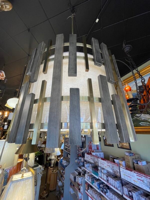 Modern Brutalist Drum Chandelier – Vertical Slat Frame with Linen Shade