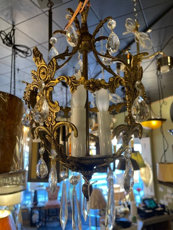 Petite Ornate Brass Chandelier with Teardrop Crystals