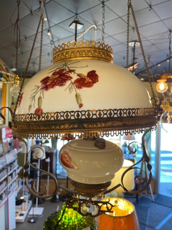 Antique Hanging Oil Lamp with Floral Shade