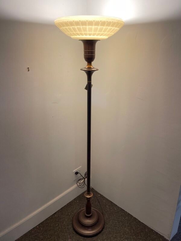 Art Deco-Style Torchiere Floor Lamp with Ribbed Glass Shade