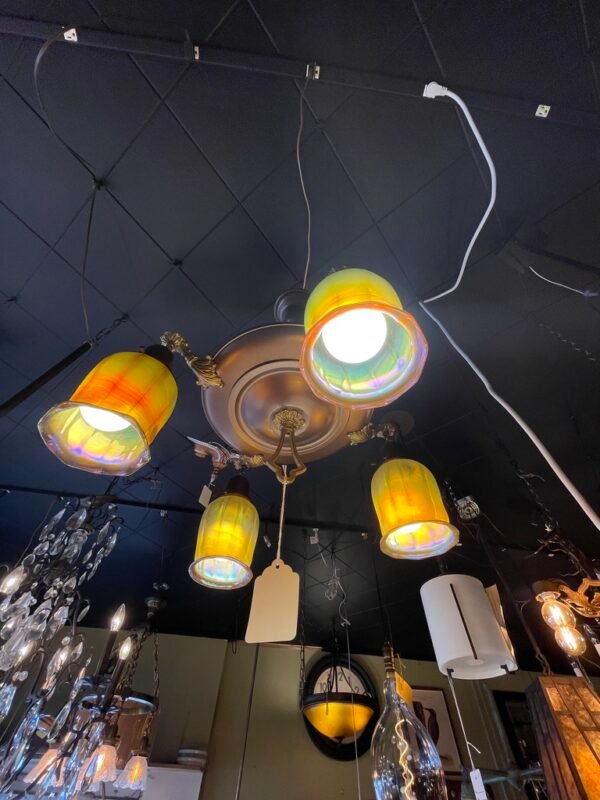 5-Light Antique Flush Mount with Yellow Iridized Glass Shades