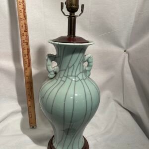 Glazed Celadon Vase Lamp with Handles and Wooden Base (1/2)