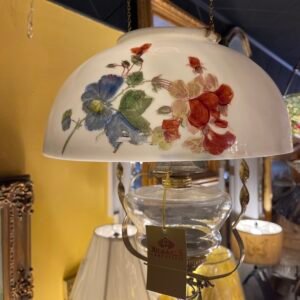 Antique Hanging Oil Lamp with Floral Shade