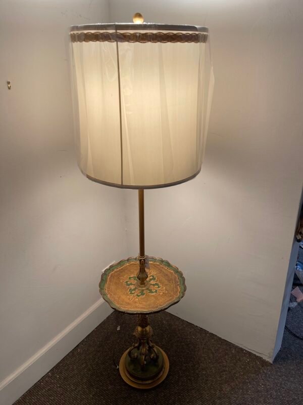 Vintage Floor Lamp with Ornate Tray Table and Drum Shade