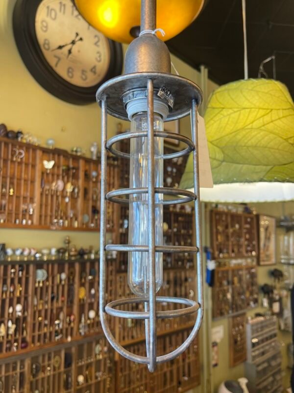 Industrial Cage Pendant Light – Galvanized Steel with Tube Bulb