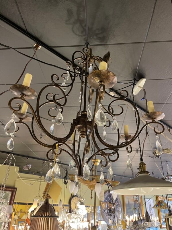 Rustic Iron Scroll Chandelier with Crystal Drops