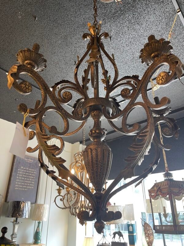 Vintage Spanish Revival Wrought Iron Chandelier with Leaf Detail