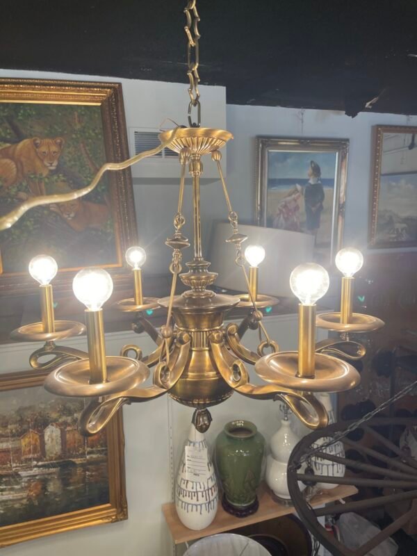 Vintage Brass Scroll Arm Chandelier - 6-Light Classic Statement Fixture - Image 2