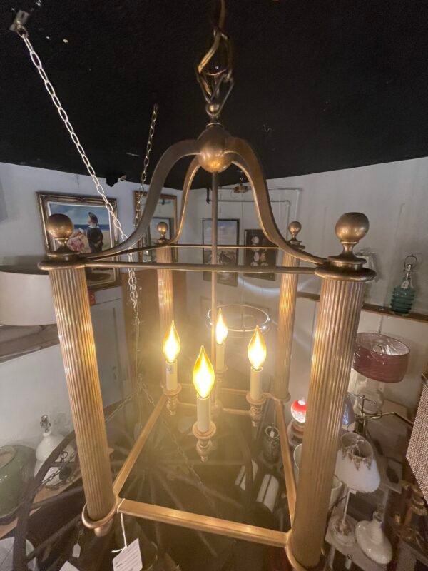 Vintage Brass Lantern Chandelier – 4-Light Cage Pendant Fixture - Image 3