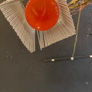 Contemporary Chain-Link Mini Pendant Light – Beaded Cylinder Shade with Red/Orange Diffuser