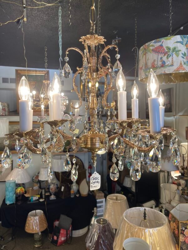 Vintage Brass & Crystal Chandelier with Leaf Arms – 10-Light - Image 6