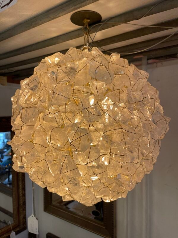 Globe chandelier with clear quartz crystal and brass wire