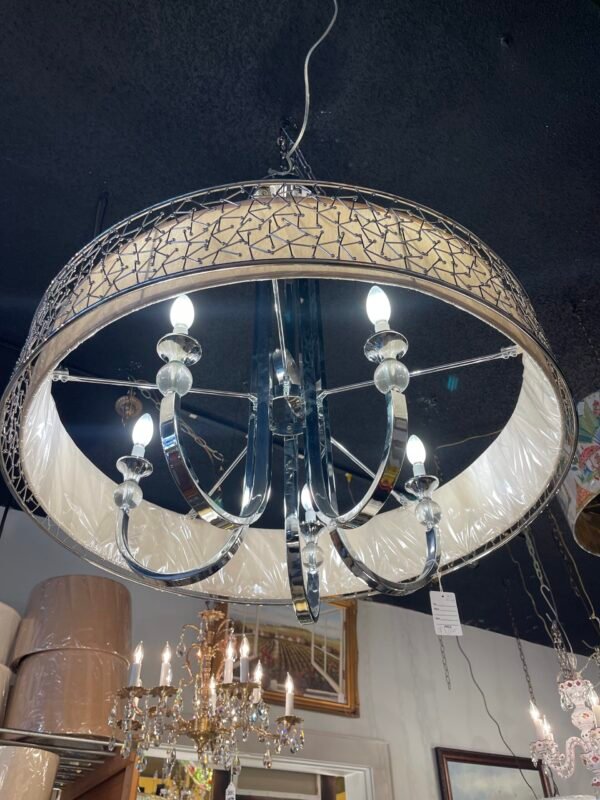 Side view of constellation-embroidered fabric shade