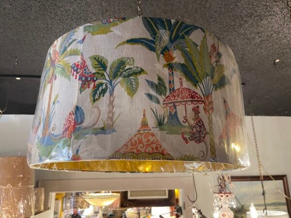 Large linen lampshade with colorful parasol and palm print