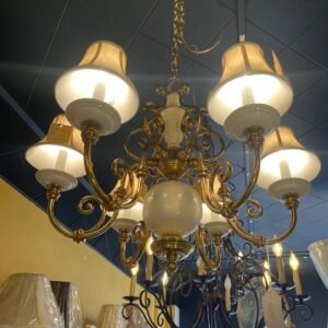 Vintage Baroque Brass & Frosted Glass Chandelier with Mini Shades