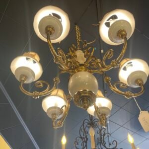 Vintage Baroque Brass & Frosted Glass Chandelier with Mini Shades