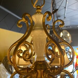 Vintage Baroque Brass & Frosted Glass Chandelier with Mini Shades