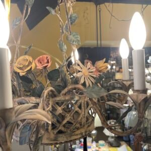 Hand-Painted Floral Tole Chandelier with Woven Basket Frame
