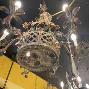 Hand-Painted Floral Tole Chandelier with Woven Basket Frame