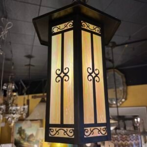 Arts and Crafts Hanging Lantern with Iridescent Slag Glass Panels