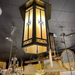 Arts and Crafts Hanging Lantern with Iridescent Slag Glass Panels