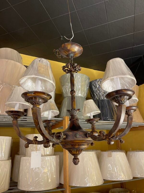 Antique bronze chandelier with six arms and silk shades