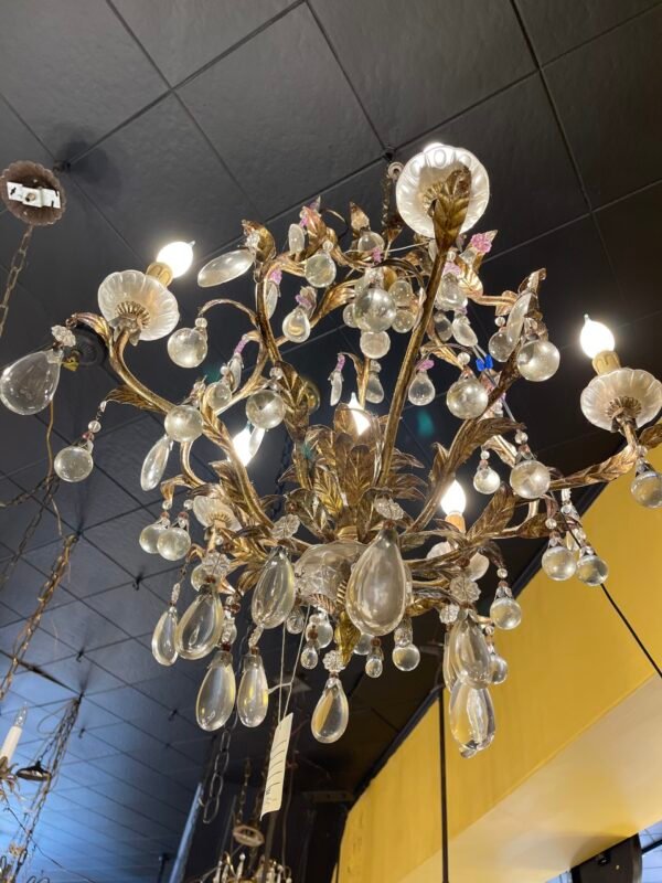 Underside view of vintage chandelier's cascading crystal arrangement