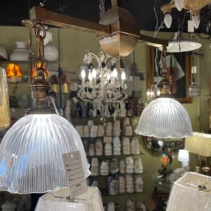 Mid-Century Brass Double Pendant with Ribbed Glass Shades