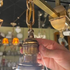 Mid-Century Brass Double Pendant with Ribbed Glass Shades
