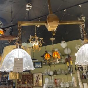 Mid-Century Brass Double Pendant with Ribbed Glass Shades