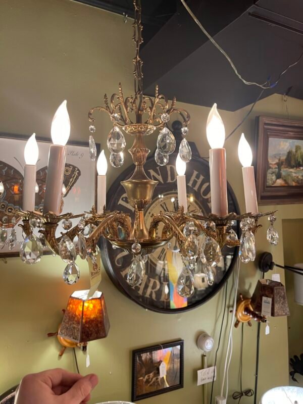 "French 6-arm bronze chandelier with crystals"