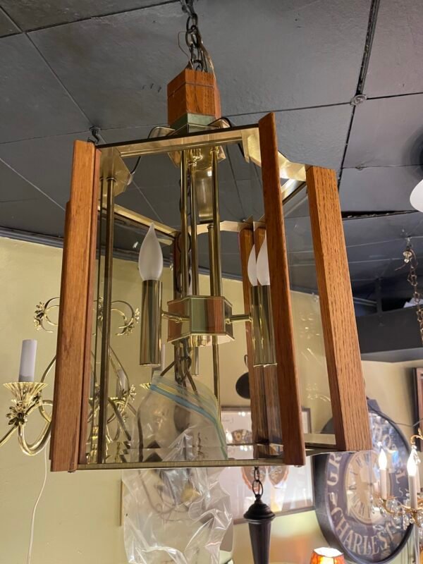 Mid-century brass and wood chandelier with glass panels