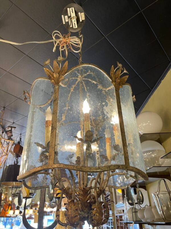 Rustic lantern chandelier with seeded glass