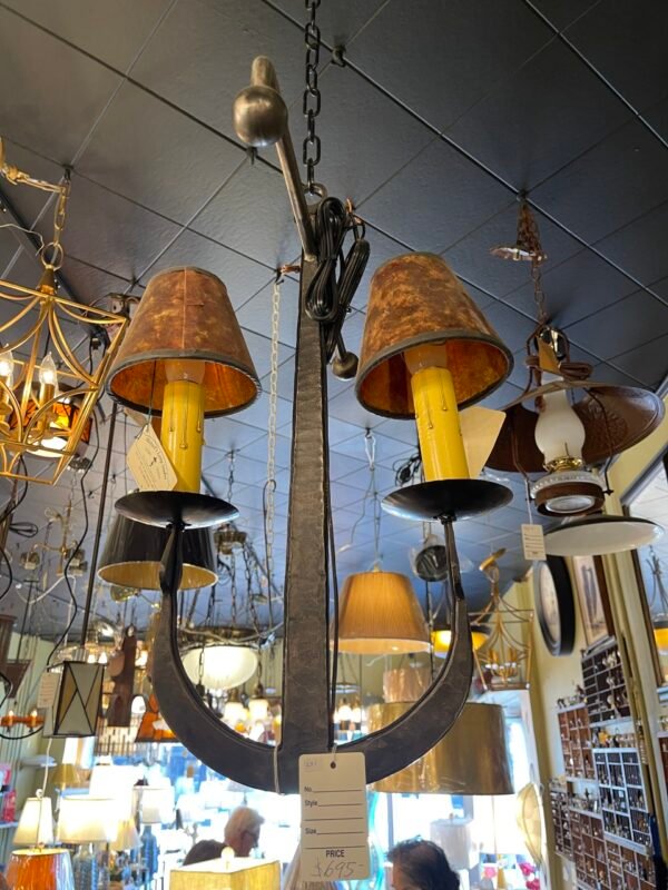 Rustic iron chandelier with mica shades