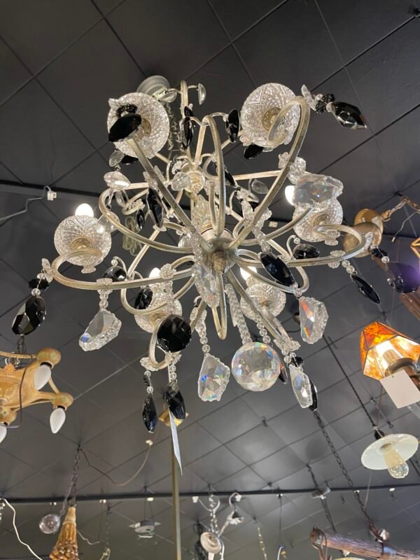 Close-up of crystal detail on silver chandelier