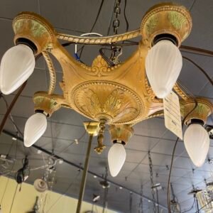 Ornate Neoclassical Revival Ceiling Fixture with Frosted Flame Bulbs