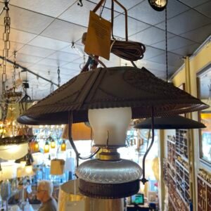 Vintage Tin & Glass Pendant Lamp – Punched Metal Shade with Frosted Glass Chimney