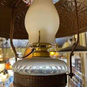 Vintage Tin & Glass Pendant Lamp – Punched Metal Shade with Frosted Glass Chimney