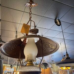 Vintage Tin & Glass Pendant Lamp – Punched Metal Shade with Frosted Glass Chimney