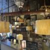 Rustic beam chandelier with parchment shades