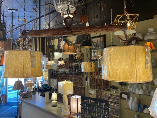 Rustic beam chandelier with parchment shades