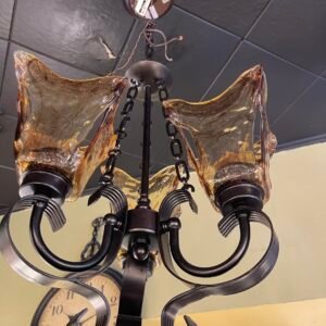Contemporary Wrought Iron-Style Chandelier Hand-Blown Amber Glass