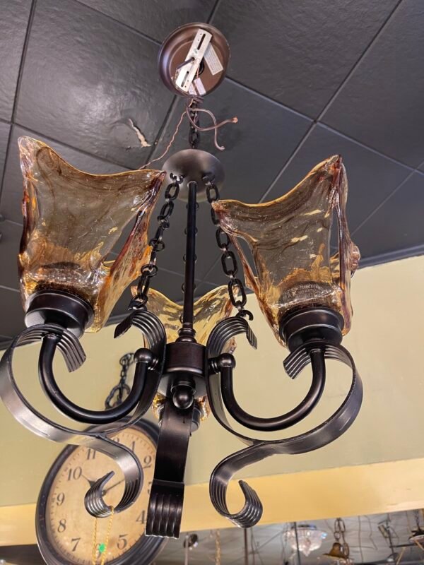 Amber glass and iron chandelier