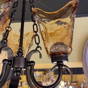 Contemporary Wrought Iron-Style Chandelier Hand-Blown Amber Glass