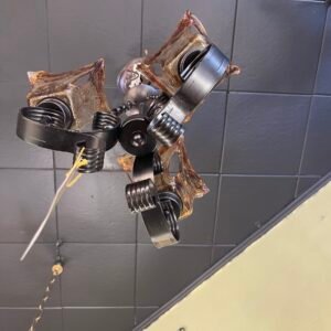 Contemporary Wrought Iron-Style Chandelier Hand-Blown Amber Glass