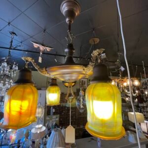 4-Light Antique Flush Mount with Yellow Iridized Glass Shades