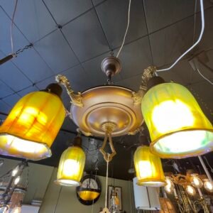 4-Light Antique Flush Mount with Yellow Iridized Glass Shades